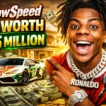 IShowSpeed excitedly posing with luxury items including a Lamborghini, stacks of cash, and a robotic dog, with bold text showing his $35 million net worth.