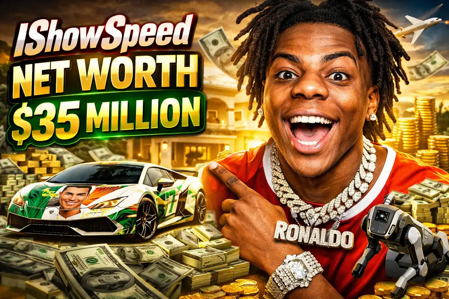 IShowSpeed excitedly posing with luxury items including a Lamborghini, stacks of cash, and a robotic dog, with bold text showing his $35 million net worth.